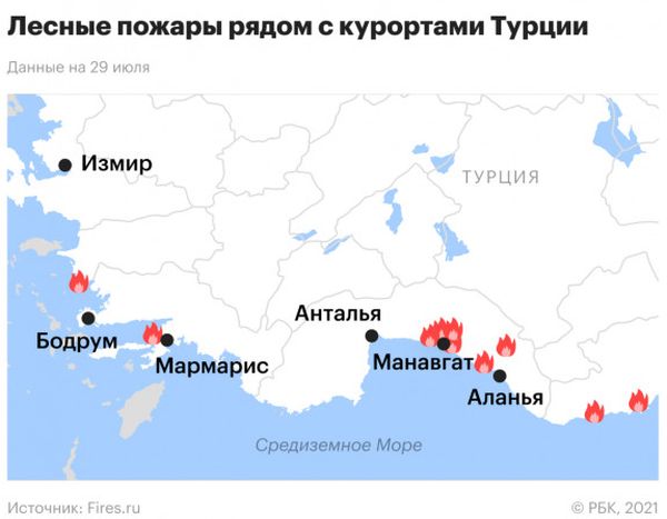 Пожежі в Туреччині підбираються до популярних курортів (карта поширення вогню)
