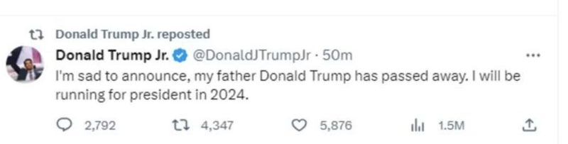 Старший син Дональда Трампа повідомив, що батько помер: що сталося